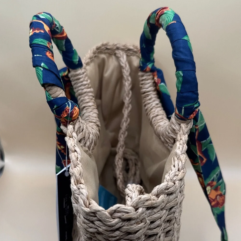 Aqua Tan Woven Tote with Blue Scarf Detail / The white lotus Edition